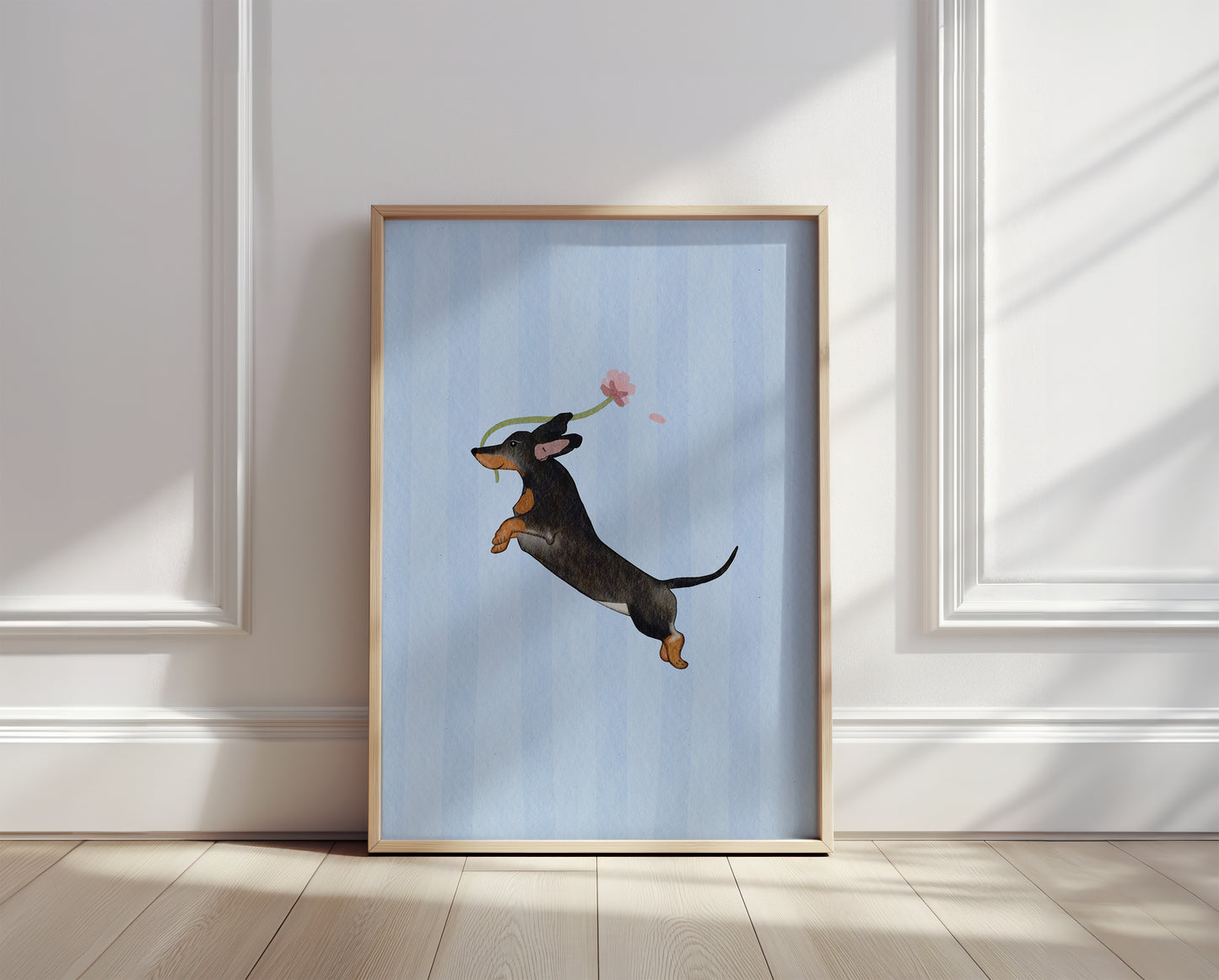 Beanie Watercolour Art Black Dachshund Pink Floral Art Print