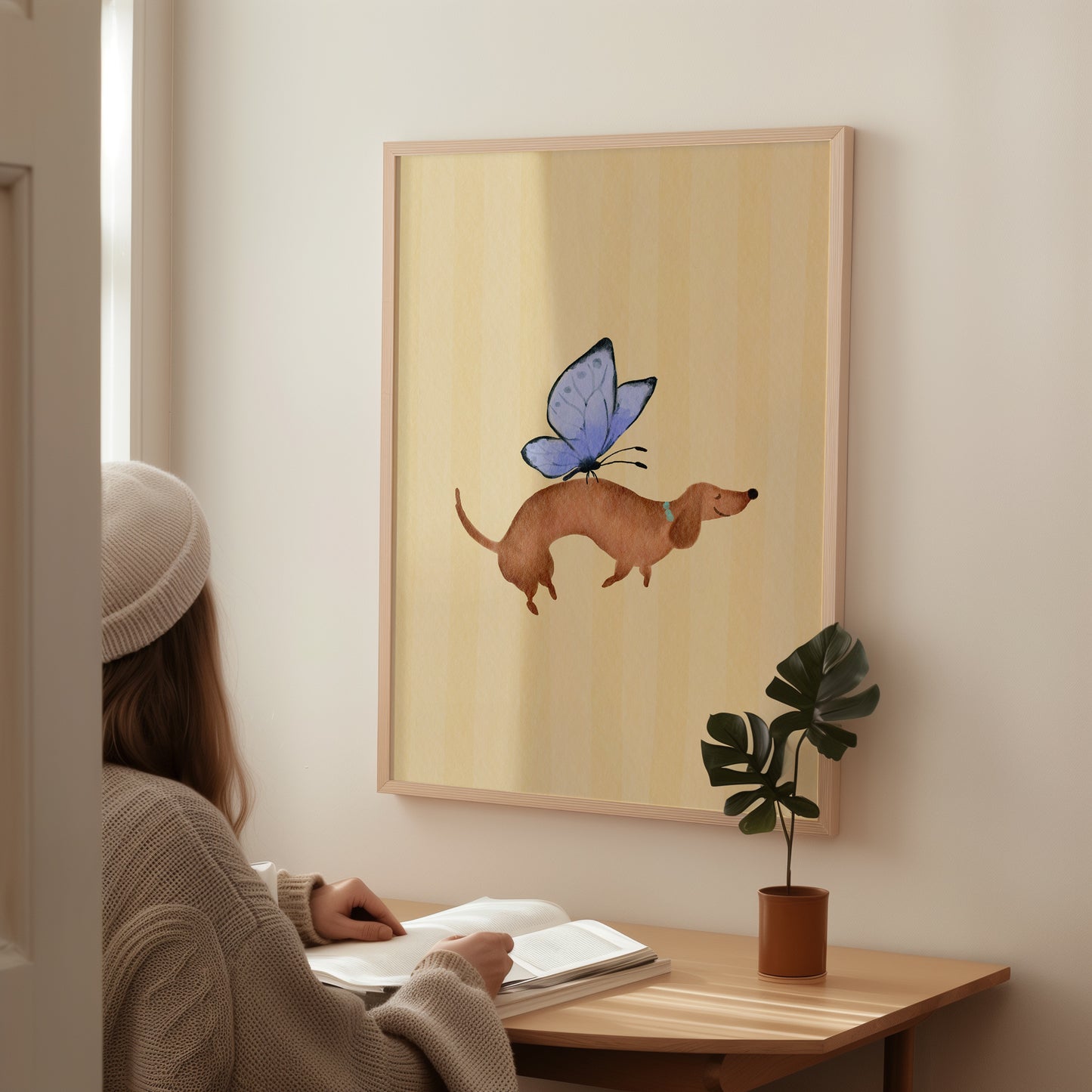 Butterfly Dash Watercolour Art Dachshund Butterfly Art Print