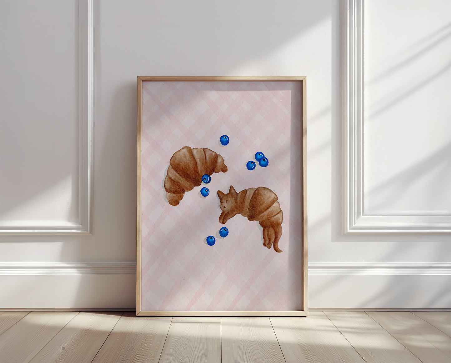 Watercolour Art Croissant Cat Blueberry Print