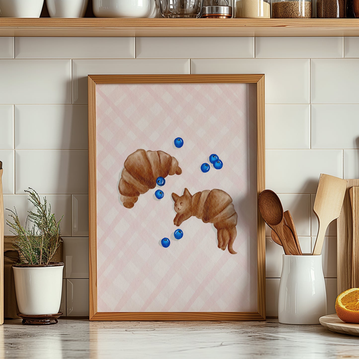 Watercolour Art Croissant Cat Blueberry Print