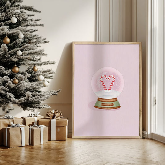 Holiday Love Watercolour Art Pink Christmas Candy Cane Snow Globe Print