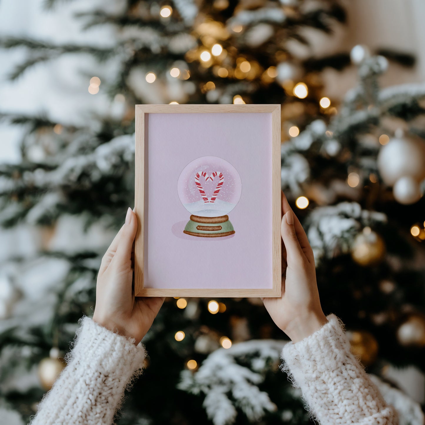 Holiday Love Watercolour Art Pink Christmas Candy Cane Snow Globe Print