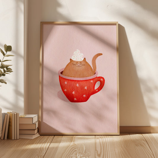 Hot Coco Watercolour Art Pink Festive Cat Mug Art