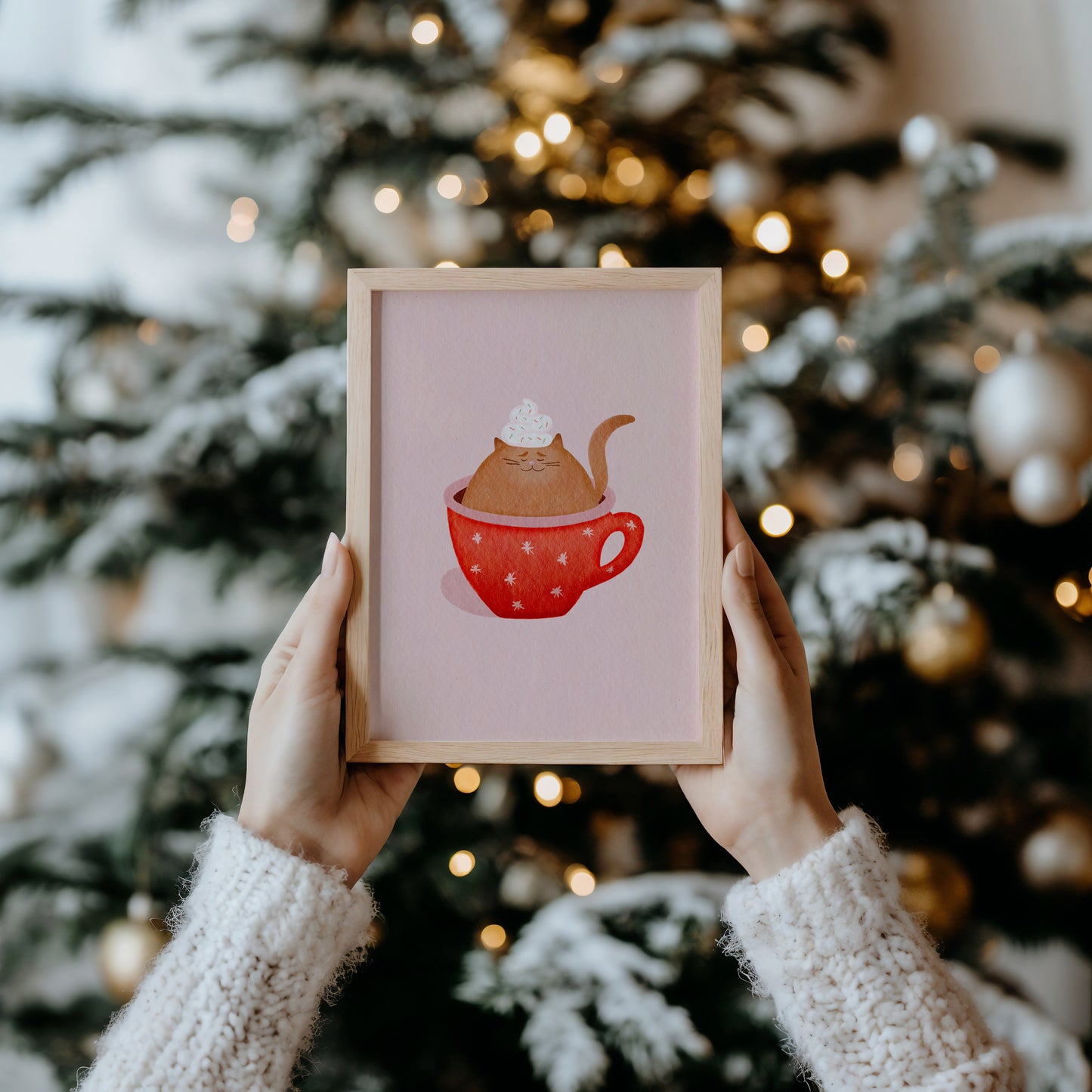 Hot Coco Watercolour Art Pink Festive Cat Mug Art