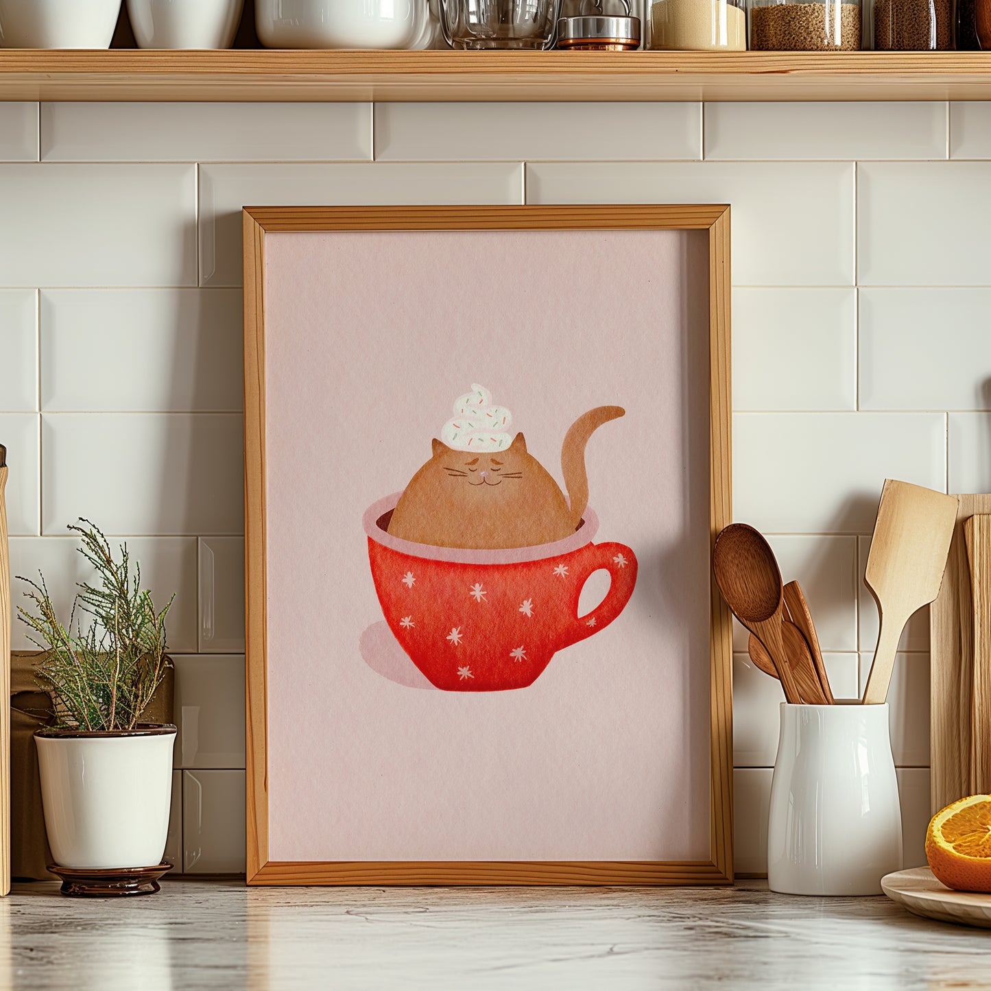 Hot Coco Watercolour Art Pink Festive Cat Mug Art