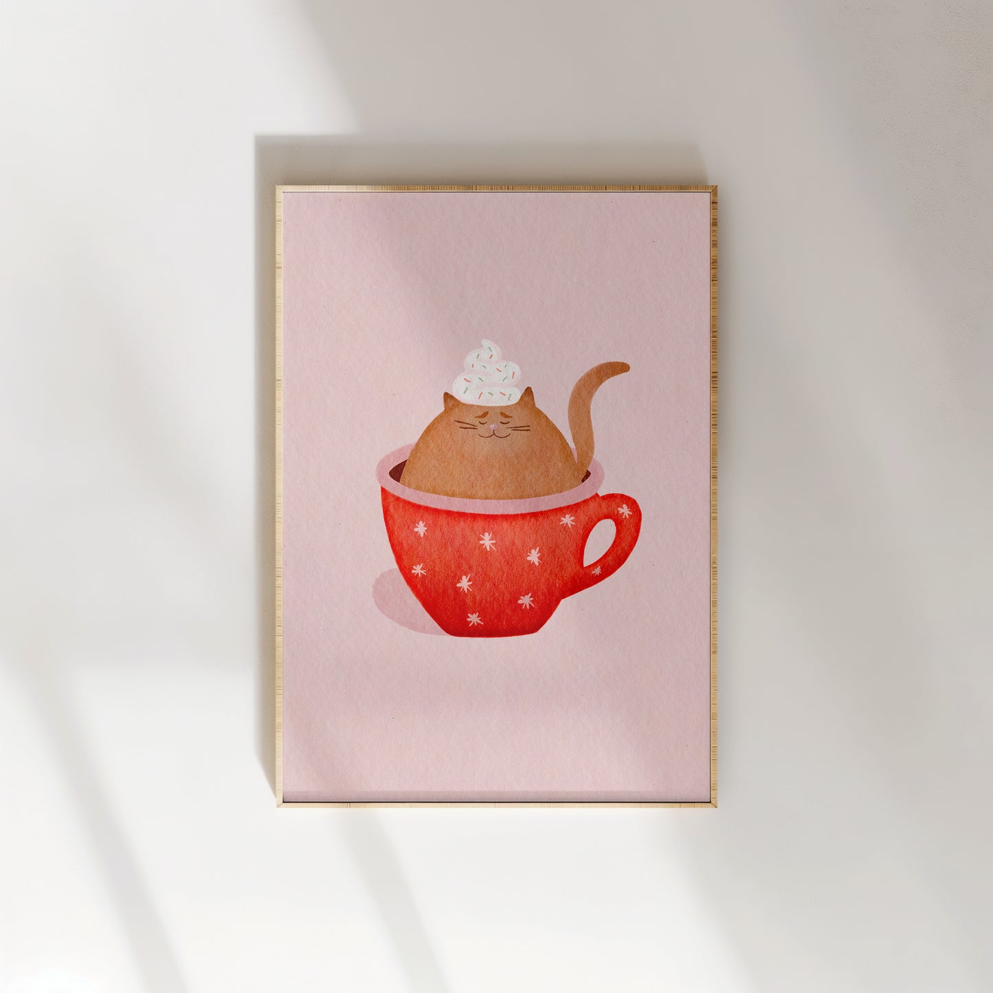 Hot Coco Watercolour Art Pink Festive Cat Mug Art